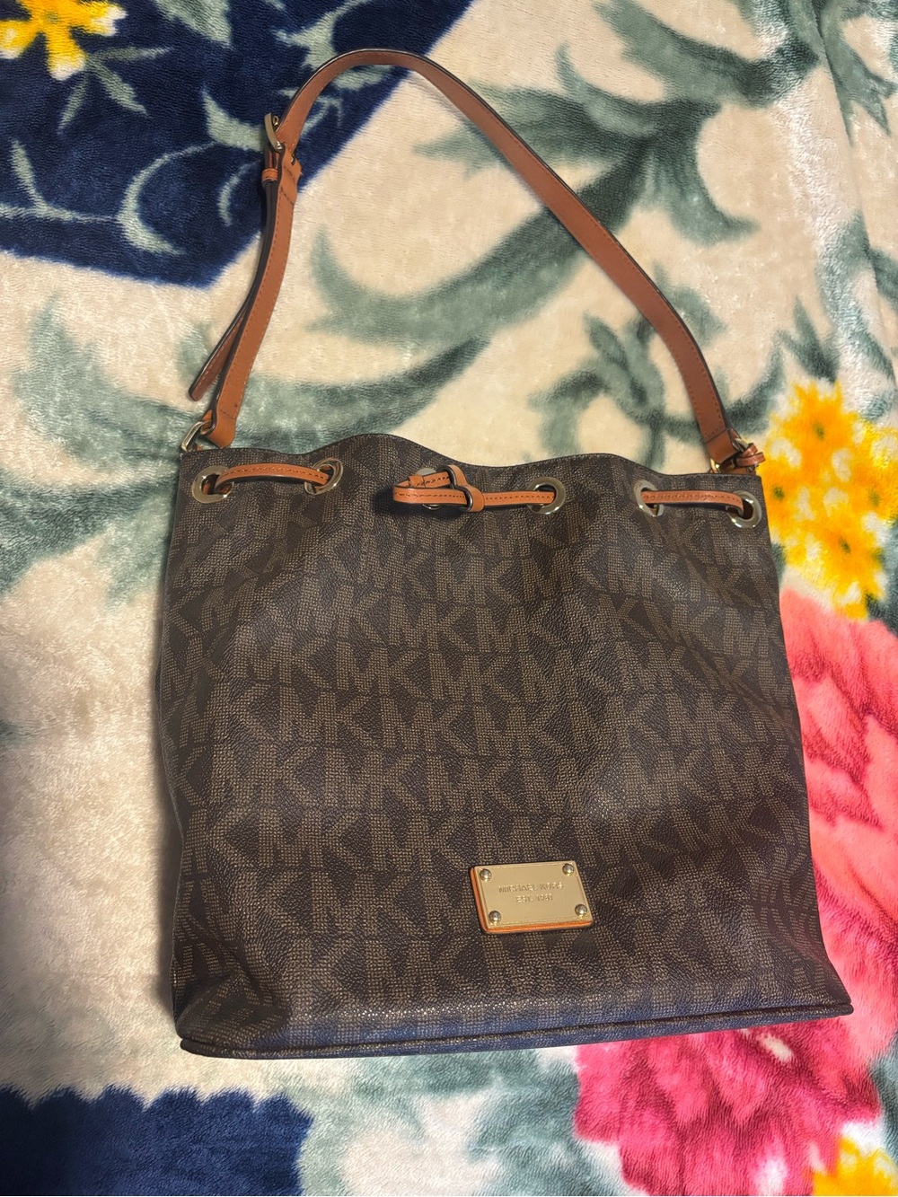 Michael Kors Brown Logo Drawstring Shoulder Bag with Tan Strap